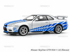 Nissan Skyline GTR R34 1:32 Metal Diecast Car (14.3x6.3 cm)